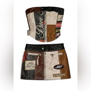 Patchwork Racing Leather Skirt Set with Logos - Brown, Black, Cream